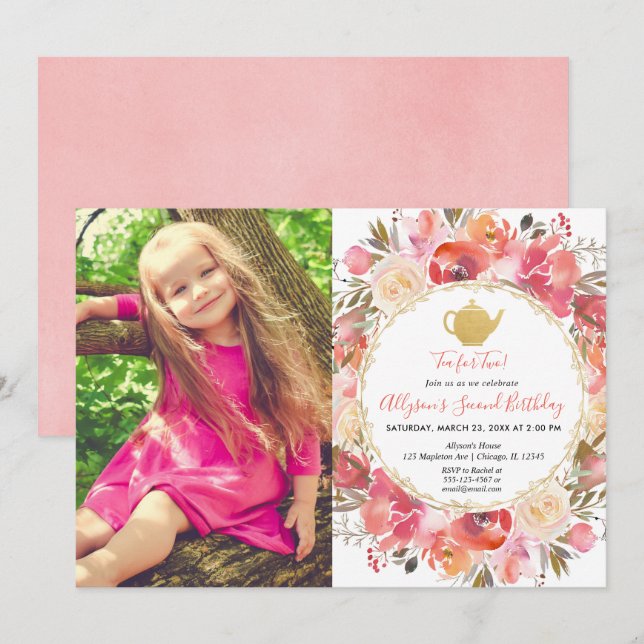 Tea party birthday, coral blush pink gold photo invitation (Front/Back)