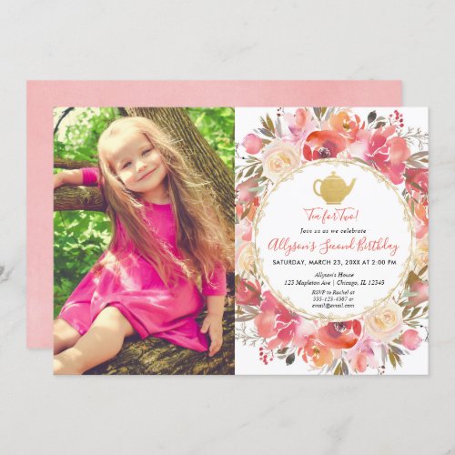 Tea party birthday coral blush pink gold photo invitation