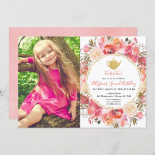 Tea party birthday, coral blush pink gold photo invitation