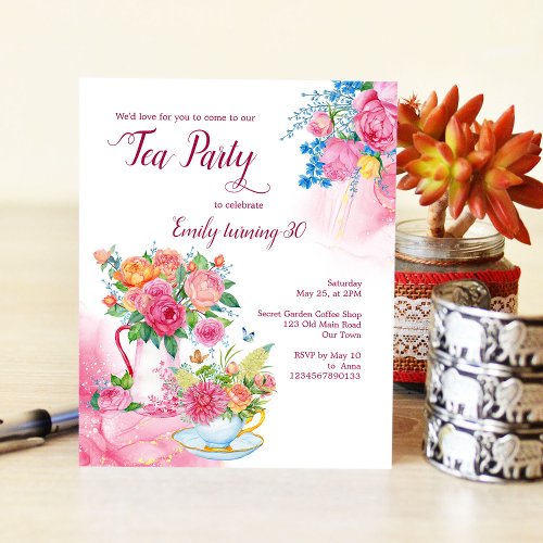 Tea party birthday cup flowers budget invitation