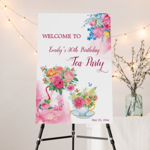Tea party birthday cup flowers welcome sign