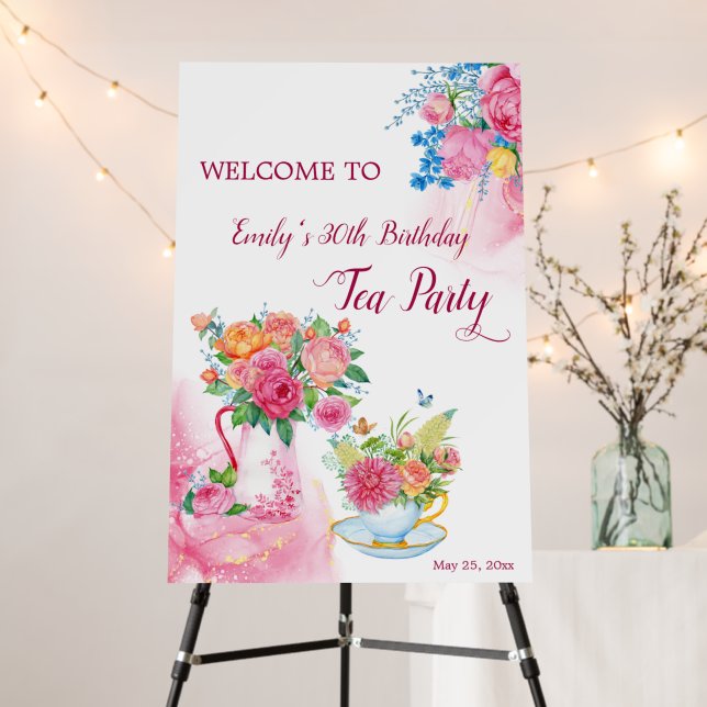 Tea party birthday cup flowers welcome sign (In Situ (Stand))