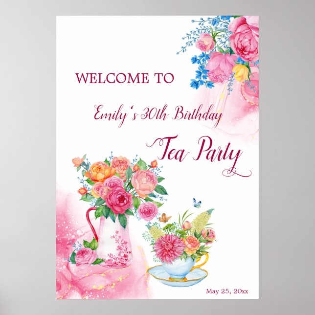 Tea party birthday cup flowers welcome sign (Front)