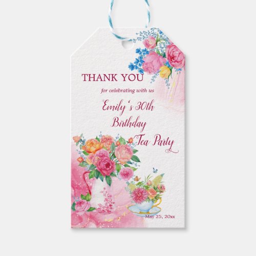 Tea party birthday cup with flowers  gift tags