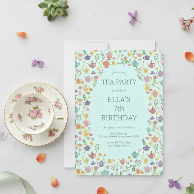 Tea Party Birthday Cute Custom Colorful Floral  Invitation (Tea Party Birthday Cute Custom Colorful Floral Invitation
)