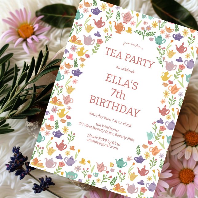 Tea Party Birthday Cute Custom Colorful Floral  Invitation (Tea Party Birthday Cute Custom Colorful Floral Invitation
)