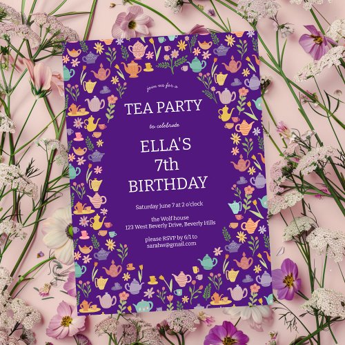 Tea Party Birthday Cute Custom Colorful Floral  Invitation