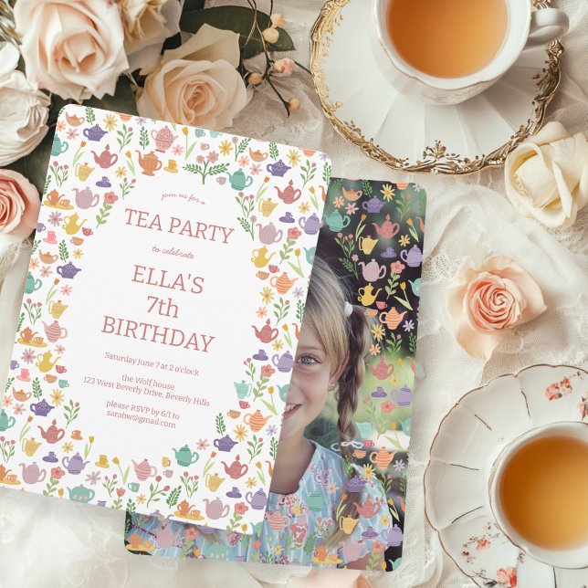 Tea Party Birthday Cute Custom PHOTO Invitation (Tea Party Birthday Cute Custom PHOTO Hand-drawn Invitation
)