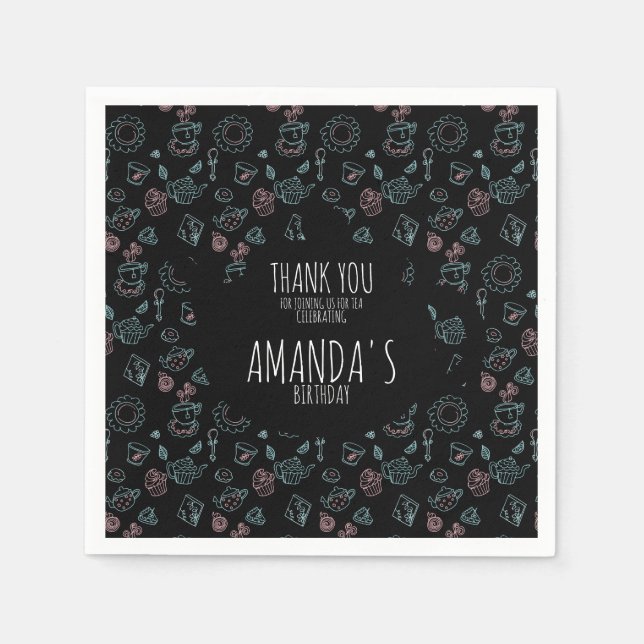 Tea Party Birthday Doodle Background  Napkins (Front)