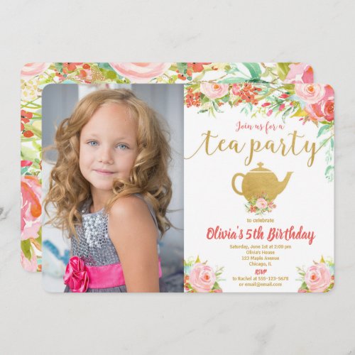 Tea party birthday floral watercolor pink gold invitation