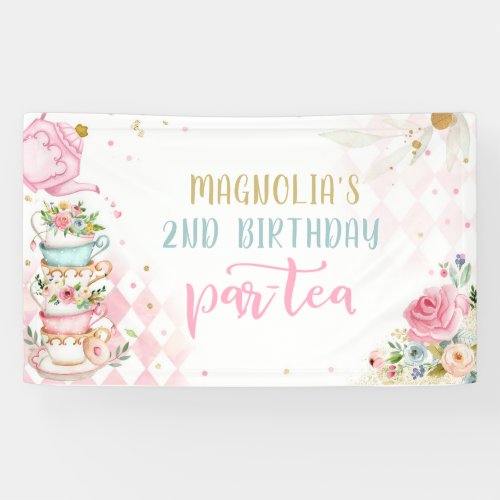 Tea Party Birthday Girl Pink  Gold Floral Par_tea Banner