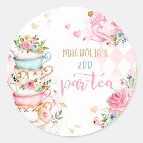 Tea Party Birthday Girl Pink  Gold Floral Par_tea Classic Round Sticker