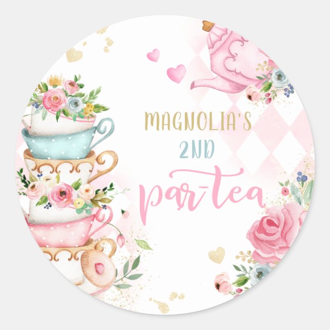 Tea Party Birthday Girl Pink & Gold Floral Par-tea Classic Round Sticker (Front)