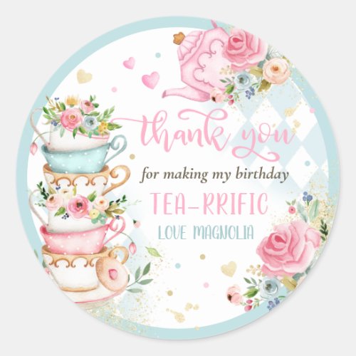 Tea Party Birthday Girl Pink  Gold Floral Par_tea Classic Round Sticker
