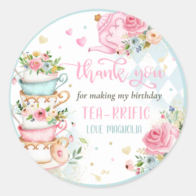 Tea Party Birthday Girl Pink & Gold Floral Par-tea Classic Round ...