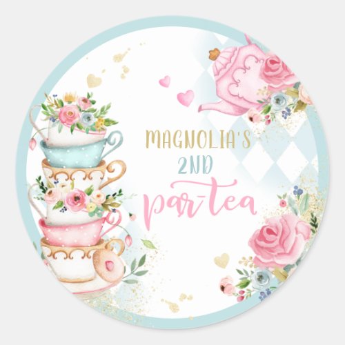 Tea Party Birthday Girl Pink  Gold Floral Par_tea Classic Round Sticker