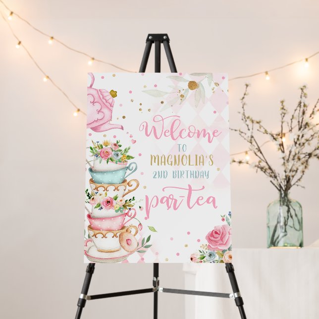 Tea Party Birthday Girl Pink & Gold Floral Par-tea Foam Board (In Situ (Stand))