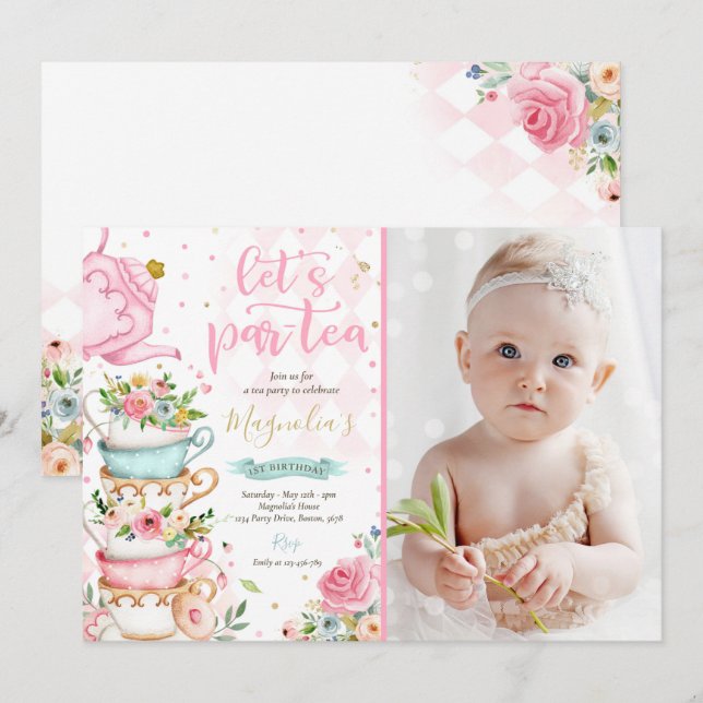 Tea Party Birthday Girl Pink & Gold Floral Par-tea Invitation (Front/Back)