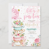 Tea Party Birthday Girl Pink & Gold Floral Par-tea Invitation (Front)