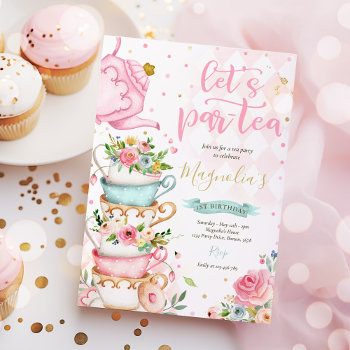 Tea Party Birthday Girl Pink & Gold Floral Par-tea Invitation by PixelPerfectionParty at Zazzle
