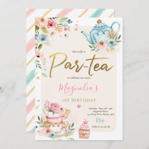 Tea Party Birthday Girl Pink  Gold Floral Par_tea Invitation