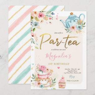 Tea Party Birthday Girl Pink & Gold Floral Par-tea Invitation