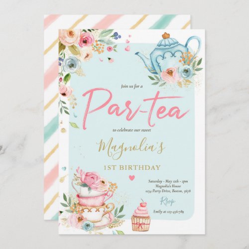 Tea Party Birthday Girl Pink  Gold Floral Par_tea Invitation