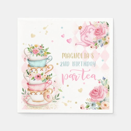 Tea Party Birthday Girl Pink  Gold Floral Par_tea Napkins