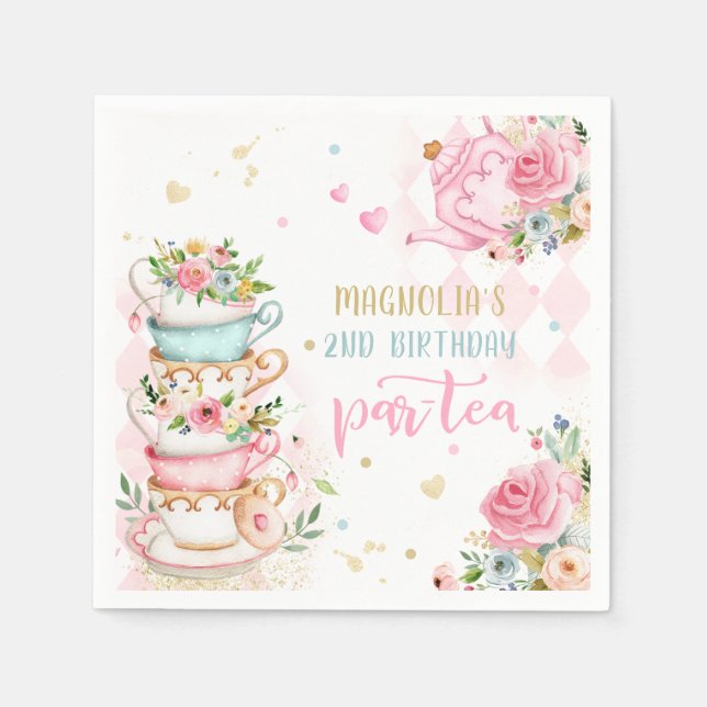 Tea Party Birthday Girl Pink & Gold Floral Par-tea Napkins (Front)