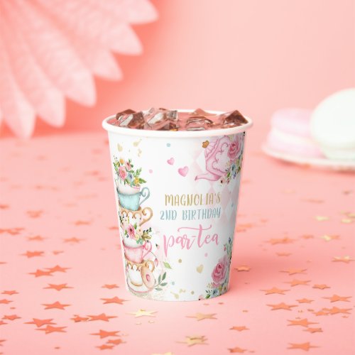 Tea Party Birthday Girl Pink  Gold Floral Par_tea Paper Cups