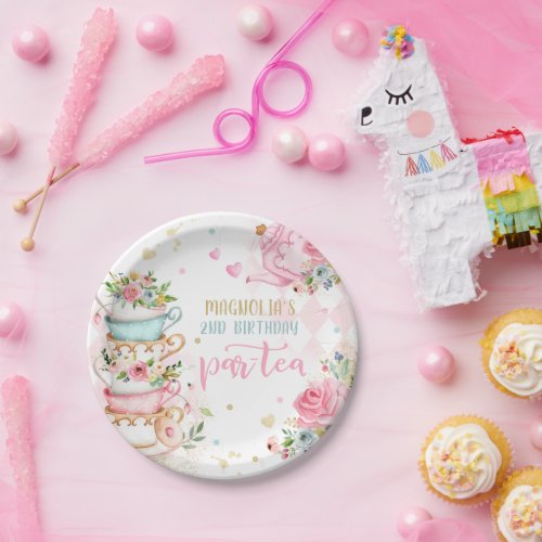 Tea Party Birthday Girl Pink  Gold Floral Par_tea Paper Plates