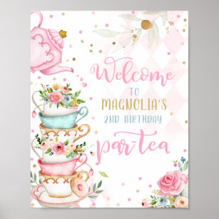 Tea Party Birthday Girl Pink & Gold Floral Par-tea Poster