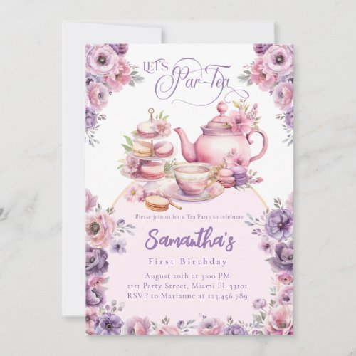 Tea Party Birthday Girl Pink Purple Floral Par_tea Invitation