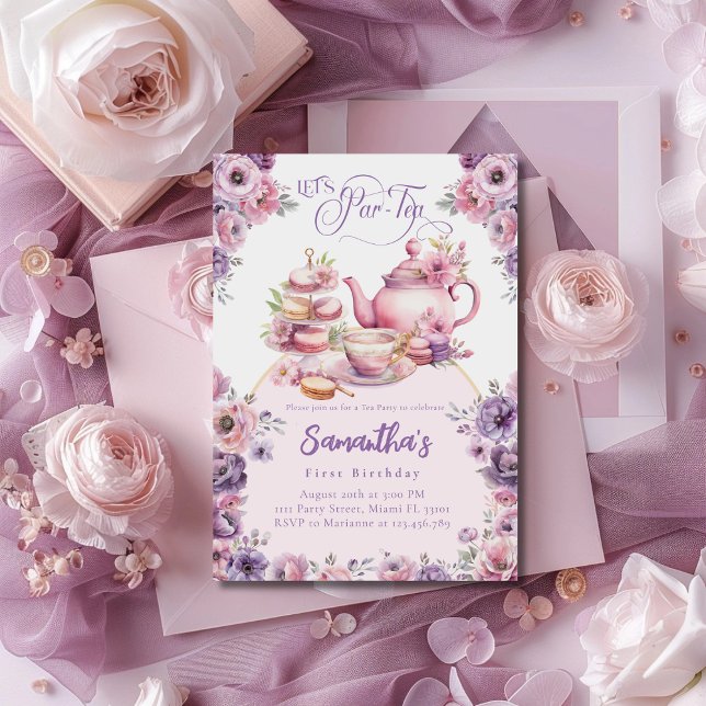 Tea Party Birthday Girl Pink Purple Floral Par-tea Invitation (Creator Uploaded)