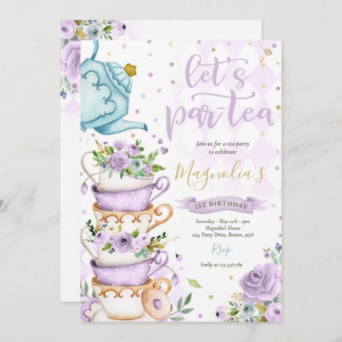 Tea Party Birthday Girl Purple Gold Floral Par_tea Invitation