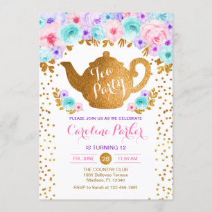 Tea Party Birthday - Gold Pink Teal Purple Invitation