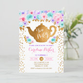 Tea Party Birthday - Gold White Pink Teal Purple Invitation (Standing Front)