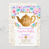 Tea Party Birthday - Gold White Pink Teal Purple Invitation (Front/Back)