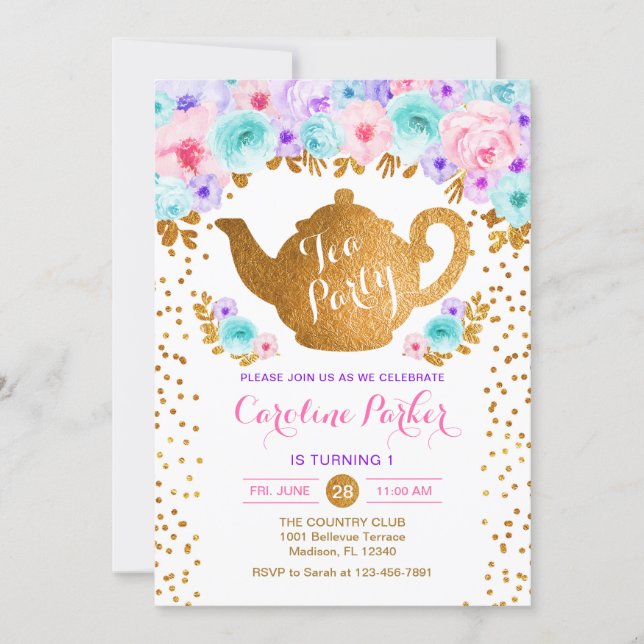 Tea Party Birthday - Gold White Pink Teal Purple Invitation (Front)