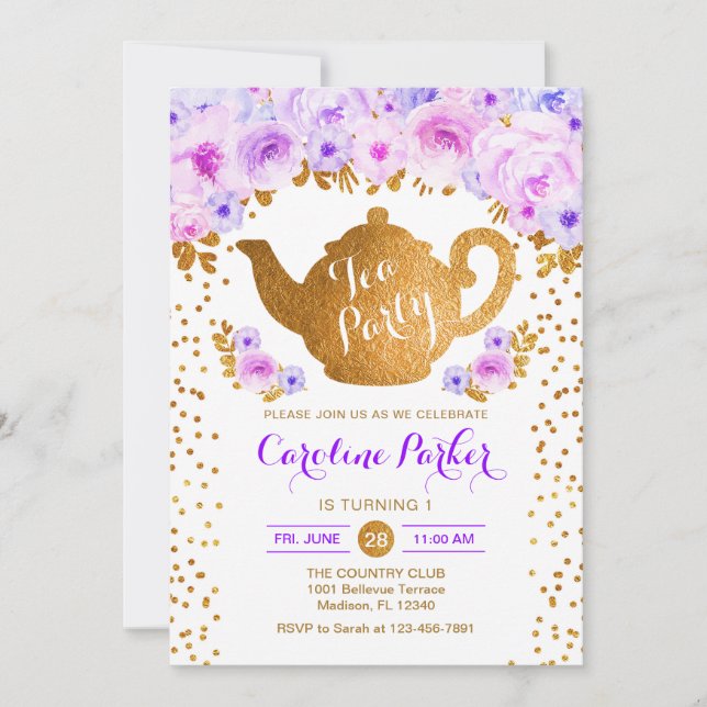 Tea Party Birthday - Gold White Purple Floral Invitation (Front)