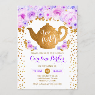 Tea Party Birthday - Gold White Purple Invitation