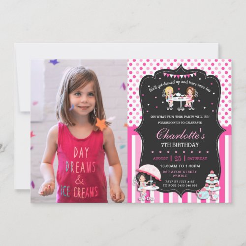 Tea Party Birthday Hot Pink Polka Dots Photo Invitation