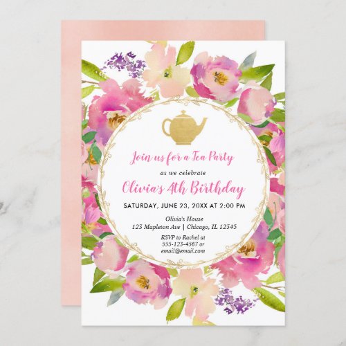 Tea Party birthday invitation floral blush pink Invitation