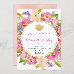 Tea Party birthday invitation, floral blush pink Invitation
