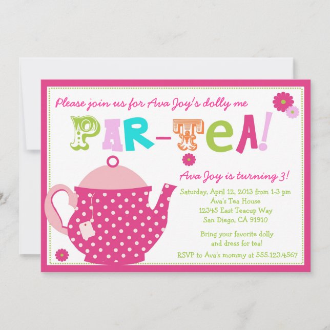 Tea Party Birthday Invitation for Girls and Dolly (Front)