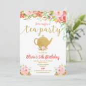 Tea party birthday invitation girl floral gold (Standing Front)