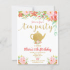 Tea party birthday invitation girl floral gold