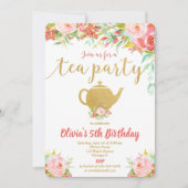 Tea party birthday invitation girl floral gold (Front)