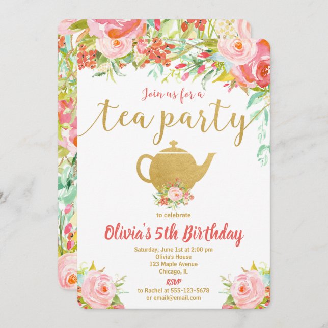 Tea party birthday invitation girl floral gold (Front/Back)