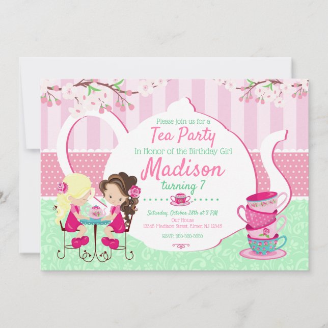 Tea Party Birthday Invitation / Girl / Pink Teal (Front)
